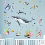 Amimagen Under The Sea Wall Decals - Marine Theme Shark Whale Fish Seaweed Grass Ocean Wall Stickers - Bathroom Baby Nursery Kids Bedroom Daycare Wall Decor