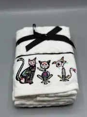 Halloween Day Of Dead Hand Towels Set Of Two - Embroidered Cats - 100% Cotton