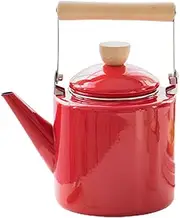 DECHOUS Enamel Tea Kettle with Wood Handle, 2.4L Enamel Teapot Water Heating Kettle Handheld Water Kettle Vintage Coffee Pot for Stovetop, Hot Water Red