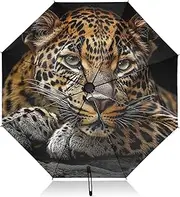[PDZRMY] UV Protection Travel Umbrella Portrait Leopard Black Compact for Rain and Sun - Auto Open and Close UPF 50+ Windproof Portable 46” Sun Umbrella for Women and Men