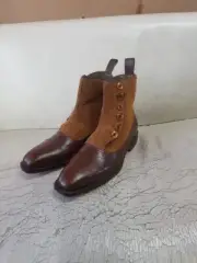 Notch Boot Handmade Brown Leather & Mustard Suede Smart Casual Ankle Button Boot