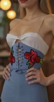 Women Light Blue Color Denim Waisted Corset Stretch Fashion Belt Red Flowers S M