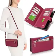[SunYoo] for Samsung Galaxy S24 Ultra Wallet Case for Women,for Galaxy S24Ultra Case with Strap Crossbody Lanyard,Leather Shockproof Card Holder Stand Zipper Pocket Flip Phone Case Red