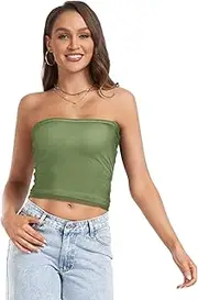 [GuoChe] Sexy Crop Tops for Women Olive Drab Green Sleeveless Bandeau Tube Top Band Strapless Bra for Teen Casual