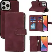 Cavor for iPhone 13 Pro Case[6.1 inch] PU Leather Folio Flip Cover Kickstand 2 in 1 Detachable Wallet Magnetic Case Zipper Coin Pocket 6 Card Slots-Wine Red