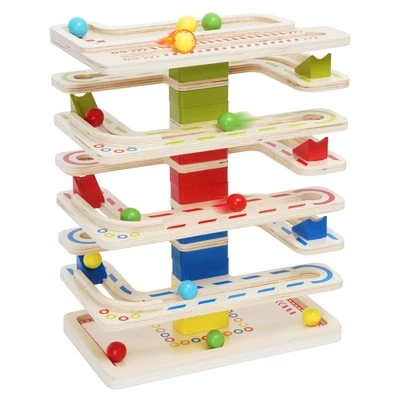 Wooden Marbles Run Ball Drop Toys 8-Tier Rolling Tower Toys with 16 Balls Ram...