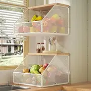 Stackable Fruit Basket for Kitchen Countertop Space Saving, Wall Mounted Mesh Metal Wire Basket with Wood Lid Extra Storage, 2 Pack Kitchen Counter Organizer for Snack, Onion and Potato Storage, White