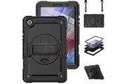 WASSUP Samsung Galaxy Tab A7 Lite 8.7 inch 2021 Case with Screen Protector Hand Strap Stand & Shoulder Strap-Black&Black