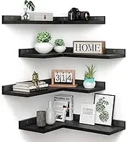 4 Tier Floating Corner Shelves Black Set of 4, Rustic Pine Wooden Floating Corner Wall Shelf for Wall Décor Storage, L Shaped Corner Shelf Wall Mount for Bedroom, Living Room, Bathroom, Kitchen.