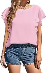 [Zylphorix] Women Ruffle Sleeves Chiffon T-Shirt Casual Lotus Leaf Sleeve Pullover Tees Loose Solid Colors Round Neck Tops
