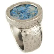 Roman Glass Ring Hammered Round Framed In 925 Sterling Silver Israeli Jewelry