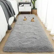 Soft Runner Rugs for Bedroom 2x6 ft with Rubber Backing, Grey Fluffy Rugs for