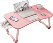 Laptop Desk, Laptop Bed Tray Table with Storage Drawer, Foldable Lap Desk Computer Laptop Standing Desk with Cup Holder, Portable Laptop Stand Lap Tablet Table for Adults/Students/Kids – Pink