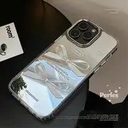 Ribbon Print Mirrored Phone Case - iPhone 15 Pro Max / 15 Pro / 15 Plus / 15 / 14 Pro Max / 14 Pro / 14 Plus / 14 / 13 Pro Max / 13 Pro / 13 / 13 mini / 12 Pro Max / 12 Pro / 12 / 12 mini / 11 Pro Max / 11 Pro / 15 Bow & Lettering - White - iPhone 15 Pro