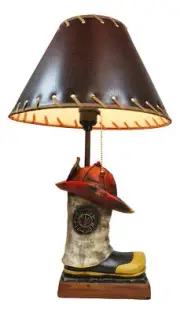 American Hero Fire Fighters Fireman Boot And Helmet Table Lamp With Laced Shade