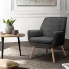 Linen Fabric Armchair Tufted Button Dining Chair Foam Padded With Wooden Frame