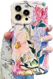 [UEEBAI] Case for iPhone 14 Pro Max 6.7 inch, Colorful Retro Oil Painting Flower Case Pretty Glossy Pattern Wave Case Cute Sparkly Floral Curly Cover Stylish Soft Case for Women and Girl - Purple Pink