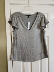 White House Black Market Gold Metallic Flutter Sleeve Top Size Large
