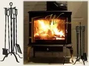 WOOD HEATER 5 Piece Fireplace Tool Set POKER - BRUSH- SHOVEL - WOOD GRABBER
