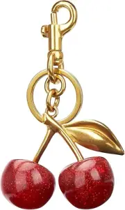 Glittering Cherry Bag Charm w/ Key Ring & Clip, Sparkling Resin Metal Accessory
