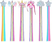 Ideal Swan Unicorn Hair Extensions Clip for Children - 6 Sets Colored Curly Clips， Cute Accessories Kids Girls， Rainbow Thick Wig in Fake Bangs (Straight Hair 02)