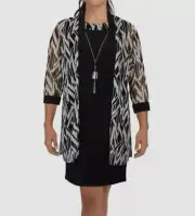 R & M Richards Women's Black Geo Swing Jacket Necklace Dress Set Petite Size 14P