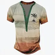 Men's Coconut Tree Ethnic T Shirt Henley Shirt Tee Short Sleeve Designer Basic Classic Outdoor Casual Daily Summer Khaki Henley Henley T-Shirt