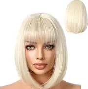 Short Bob Wig - Human Hair Wigs | Heat Resistant Hair Glue Less Wig Natural Looking Shiny Transparent Lace Front Wig With Bangs | Fake Short Blonde Hair Wig For Women