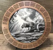 CUSTOM WALNUT CRIBBAGE BOARD THE CUNNING MTN LION 11” STORAGE DRAWER PEGS, CARDS