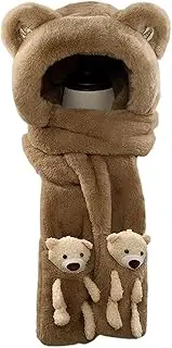 [Generic] Hooded Scarf | Solid Color Cute Bear Ears Beanie Hat | Cute Women Thermal Scarves & Wraps for Women Teen Girls Winter Hoodie Hat Scarf Gloves Set