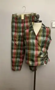 Selene Sport Pants Set Ankle Top Plaid Medium NWT