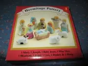 NIB Hermitage Pottery Miniature Hand Painted 11 Piece Porcelain Nativity Set