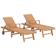 2 Pcs Sun Lounger With Wheels Set Outdoor Pool Deck Wooden Sunbed Chaise Lounge