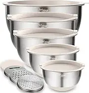 Wildone Mixing Bowls Set of 5, Stainless Steel Nesting Bowls with Khaki Lids, 3 Grater Attachments, Measurement Marks & Non-Slip Bottoms, Size 5, 3, 2, 1.5, 0.63 QT, Great for Mixing & Serving