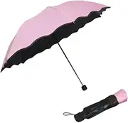[SAFIGLE] 8 Foldable Resistant Sunshade Umbrella for Women Artistic Lotus Leaf Brim Flower Pattern Compact Water Umbrella for Stylish Practical Rain Protection Pink