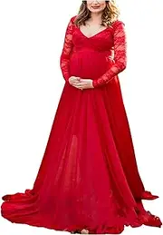 [UNeedVog] Maternity Photography Dress Long Sleeve Lace Patchwork Pregnant Clothes Tail V-Neck Maternity Gown
