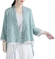 [Hamthuit] Women Retro Chinese Style T-Shirt Floral Embroidered Top Hanfu Double-Layer T-Shirts Slant Placket Button Top