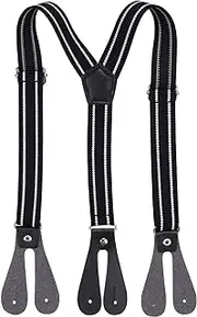 [FLYCHI] 25mm Kids Black with White Strips Braces Suspender for Boys Trousers, Jeans, Pants with Button Hole Y Shape Elastic Adjustable Striped Fashion Accessory