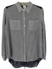 Chico’s Womens 0 Small Long Slv Paisley Stripe Cotton Button Front Top New BC