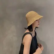 Foldable Straw Bucket Hat Navy Blue - One Size