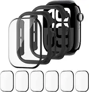 2 Case+6 Film for Apple Watch Screen Protector 46mm 42mm 45mm 41mm 44mm 40mm, Hard PC Bumper Cover with Flexible TPU Film for Apple Watch case 10 9 8 7 6 5 4 se,Black/Black 46mm