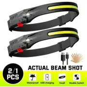 Headlamp COB LED 2PACK Rechargeable Headlight Torch Work Light Bar Head Band USB