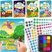 D-FantiX Dot Stickers Activity Kit with Ink Pad, DIY Arts and Crafts for Toddlers Kids, Dinosaur Animal Outer Space Vehicle Finger Paint Art Activity, Mess-Free Airplane Travel Toys for Boys Girls