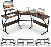 Giantex L-Shaped Desk with Power Outlet, Corner Computer Desk w/Movable Monitor Stand, 225 cm Long 2-Person Computer Workstation for Working & Writing & Gaming (Rustic Brown)