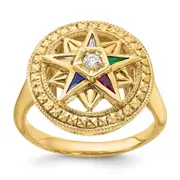 14k Yellow Gold Women's Polished and Textured with Multi-color CZ and Diamond Eastern Star Masonic Ring