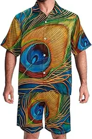 [KQNZT] Hawaiian Shirt for Men, Mens 2 Piece Short Set, Men Beach Outfits Sets, Vintage Peacock Feather Pattern, Cruise Outfits for Men