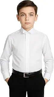 [SIRRI] Boys Slim Fit Tuxedo White Shirt with Wing Fly Collar and Detachable Cufflinks - Cotton Blend for Formal Occasions