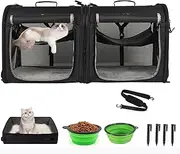 Wakytu Portable 2-in-1 Pet Carrier for Medium Dogs Large Cat Carrier for 2 Cats Travel Double Dog Crate Set with Portable Carry Bag/Hammocks/Mats/Tent Stakes/2 Pcs Pet Bowls for Outdoor Camping