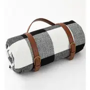 Picnic Mat With Thick Leather Strap - Black Grey And White