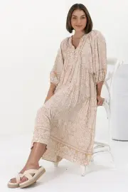 Kamali Midi Dress - Batwing Sleeve Smock Dress with Lace Detailing in Harley Print Beige